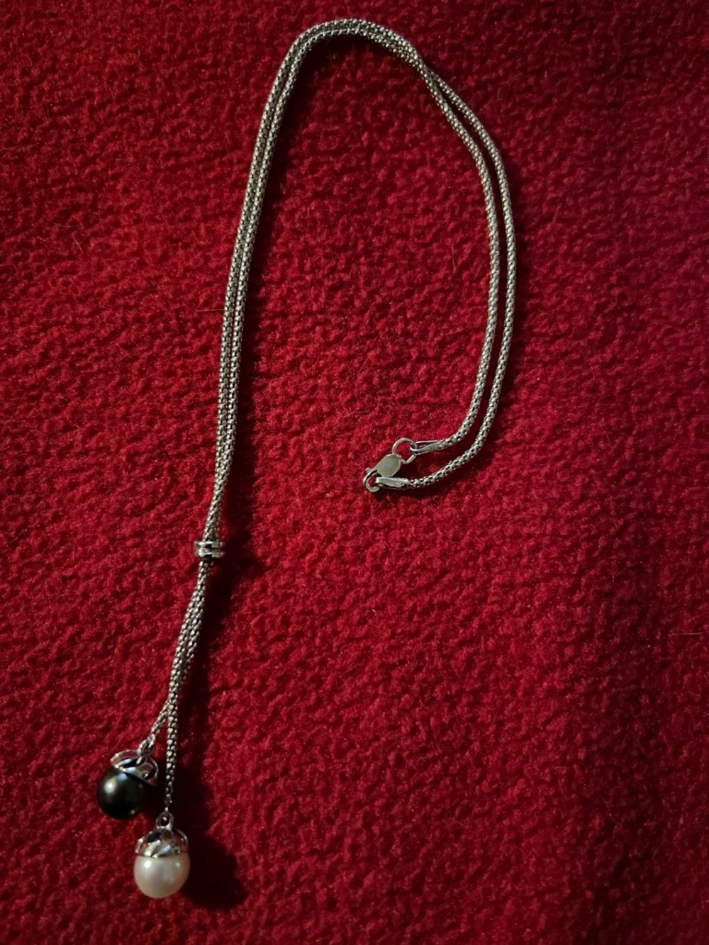 Sterling Silver Slider Necklace with Black and White Pearl Drops